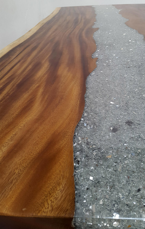 rain tree table top with resin and broken glass inserts