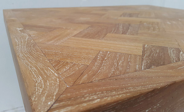 teak laminated table top with white washed finish