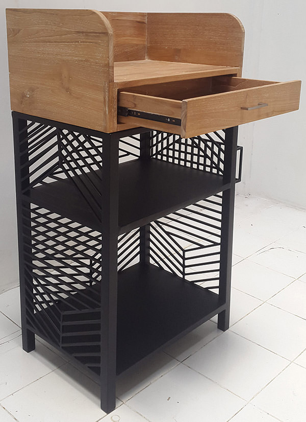 restaurant teak and iron waiter station with one drawer