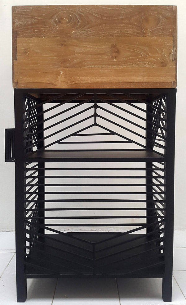 restaurant teak waiter station with black iron legs