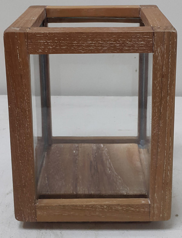 square teak candle holder with glass