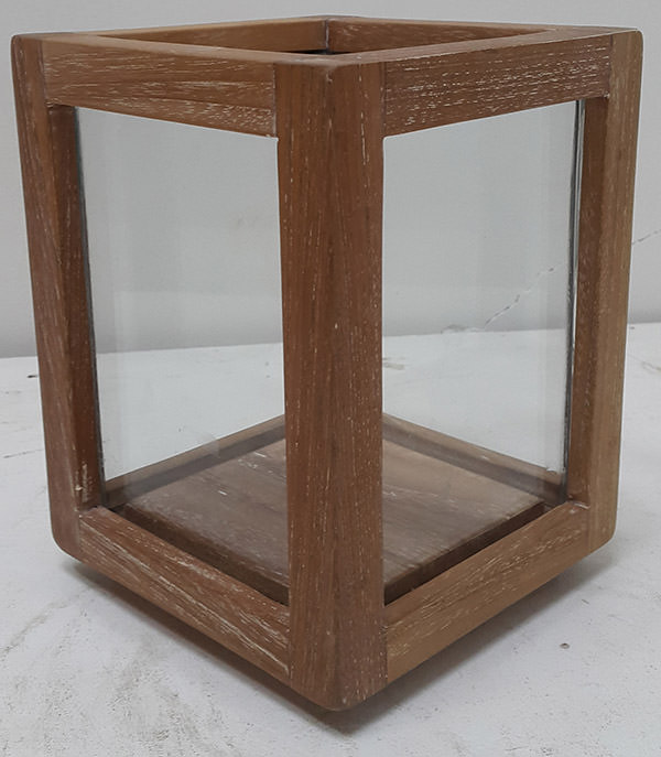 square teak candle holder with glass and white washed finishing