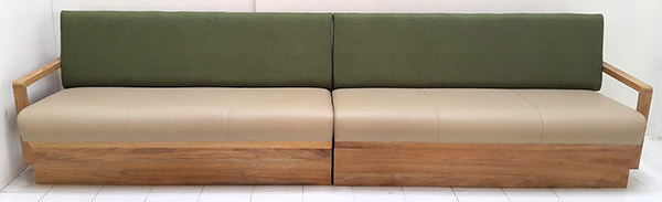 teak, leather and linen restaurant banquette