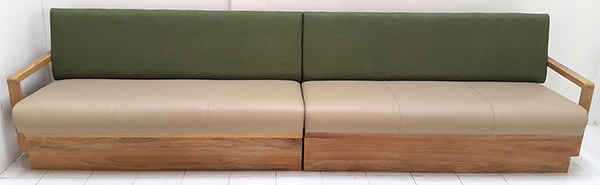 teak, leather and linen restaurant banquette from Indonesia