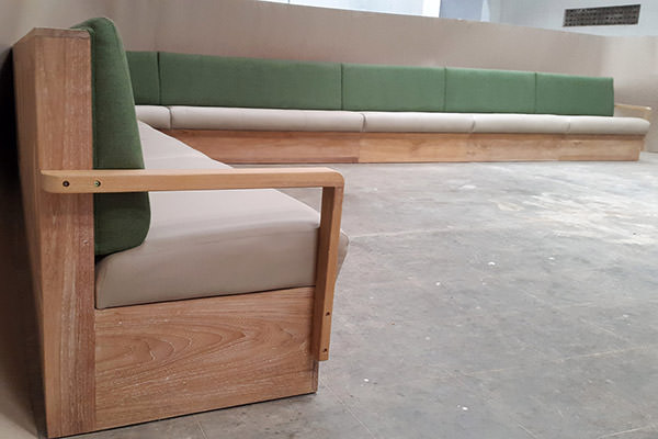 restaurant banquette with teak wooden frame