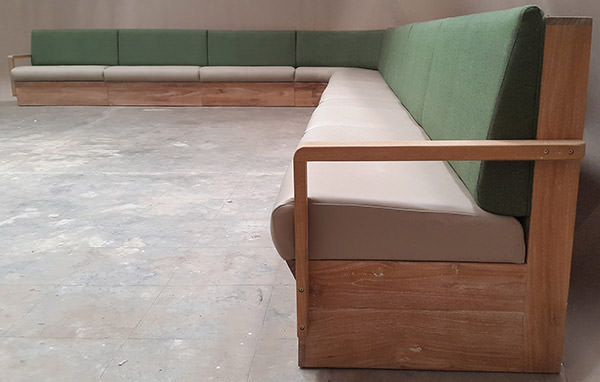 teak, leather and linen restaurant curved banquette