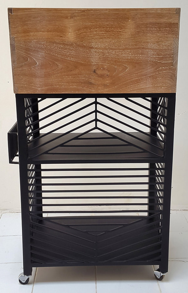 restaurant teak and black powder coated iron waiter station with geometric welded pattern