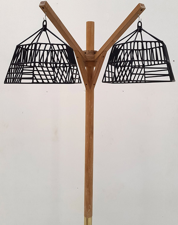 double teak and iron lamp