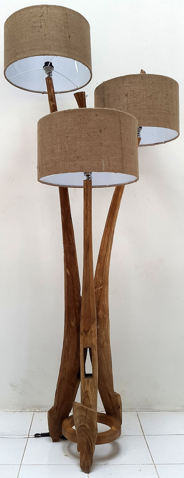 teak standing lamp with 3 shades