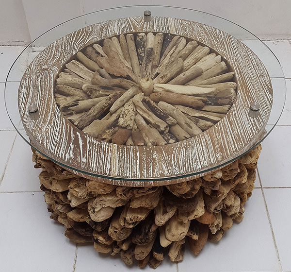 floating wood and glass top round coffee table