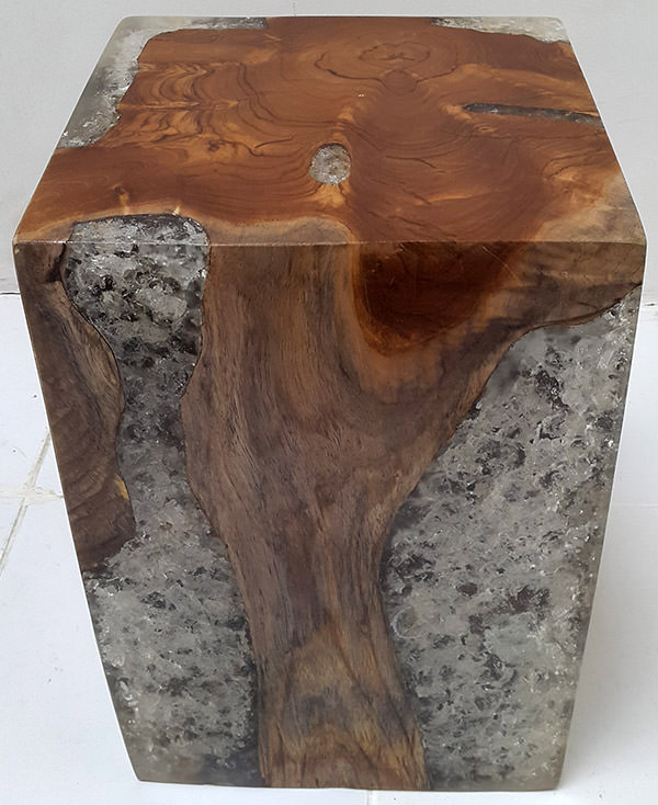 teak stool and resin with broken inserts