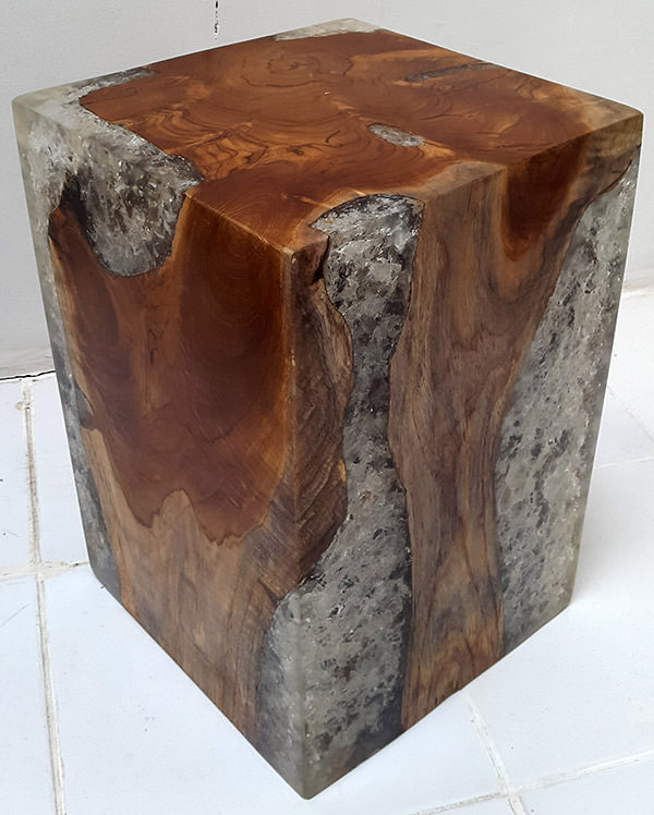 square teak stool and resin with broken inserts