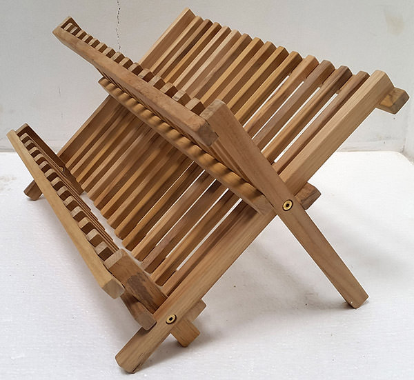 standing teak drying rack with a natural color