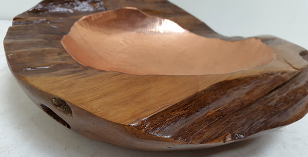 teak bowl with copper insert and glossy finish