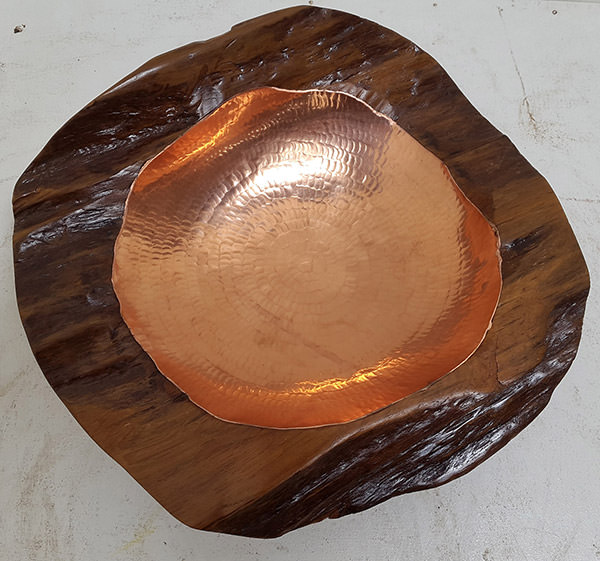 teak root and copper fruit plate