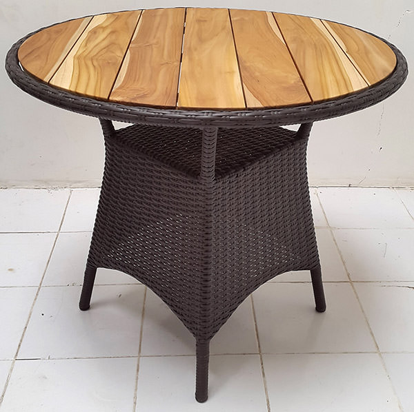 black synthetic rattan table with natural teak top