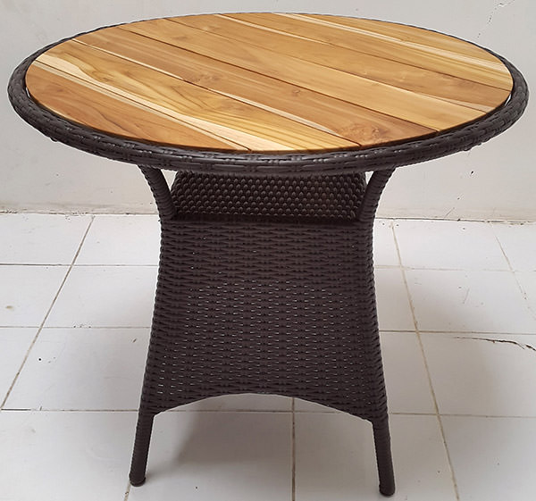 black synthetic rattan garden table with natural teak top