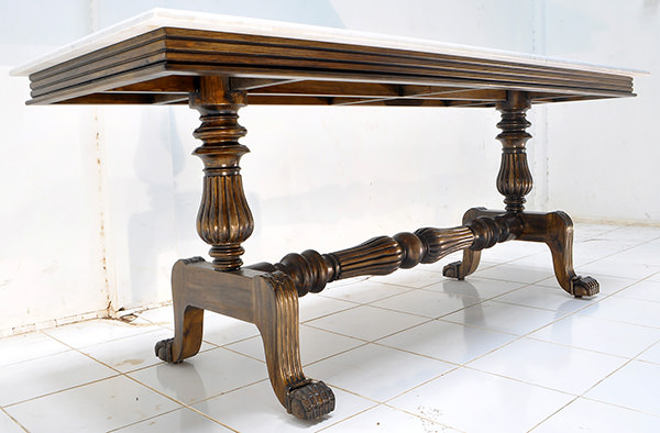 dark brown handicraft dining table legs with marble top