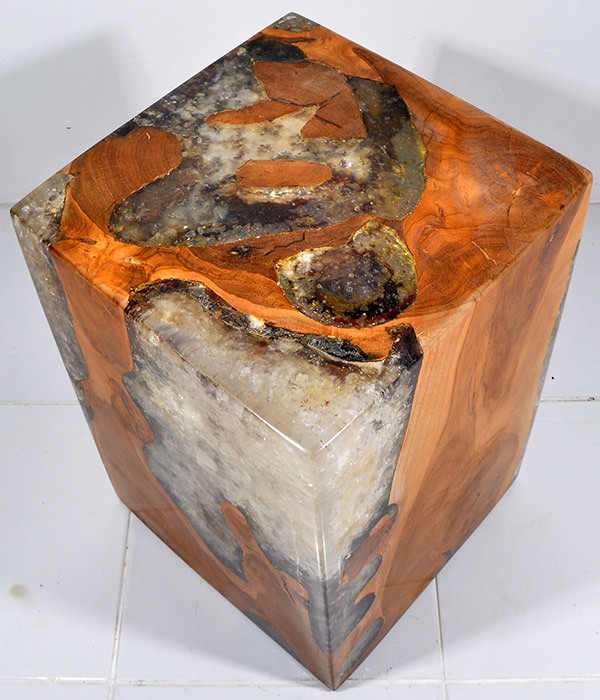 teak root and transparent resin square stool