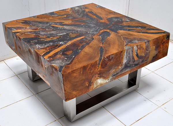 thick coffee table from solid teak wood with grey resin