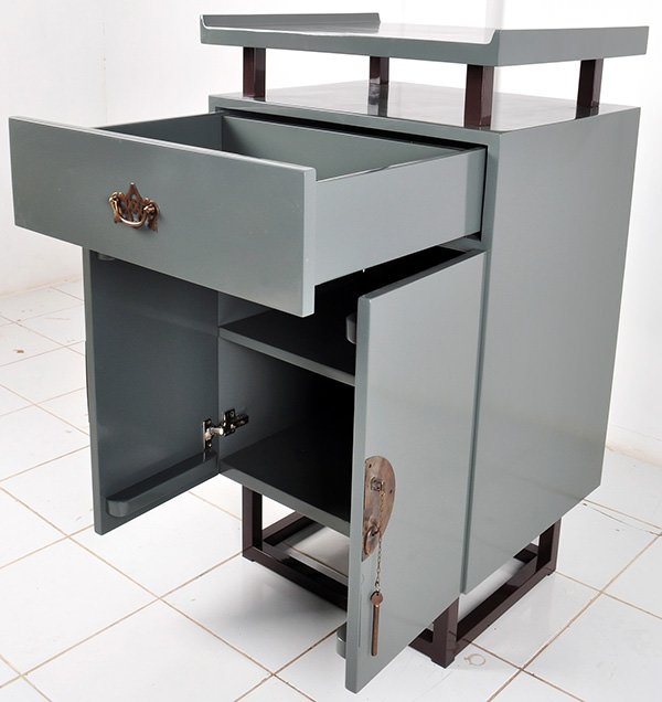 stainless steel and solid teak wood with grey glossy paint restaurant side station