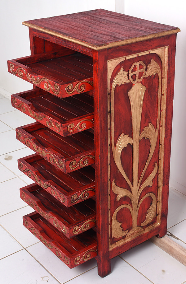 red and gold reclaimed restaurant station with 6 trays
