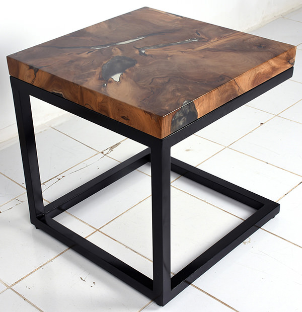 teak resin side table with iron legs