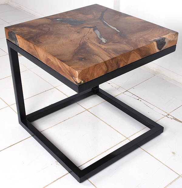 teak resin side table with Scandinavian iron legs