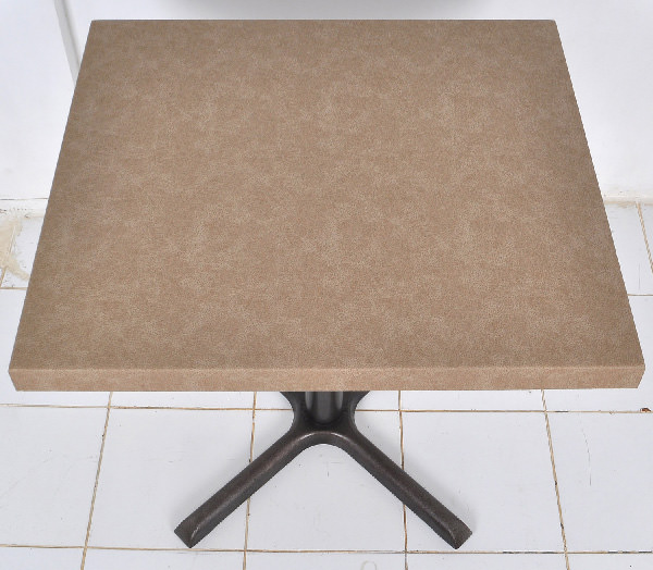 restaurant square dining table with central iron leg and leather top