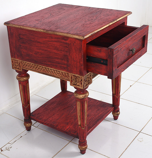 red and gold cigar cabinet with drawer