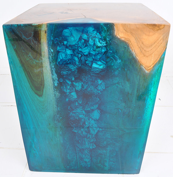 suar and blue resin square stool