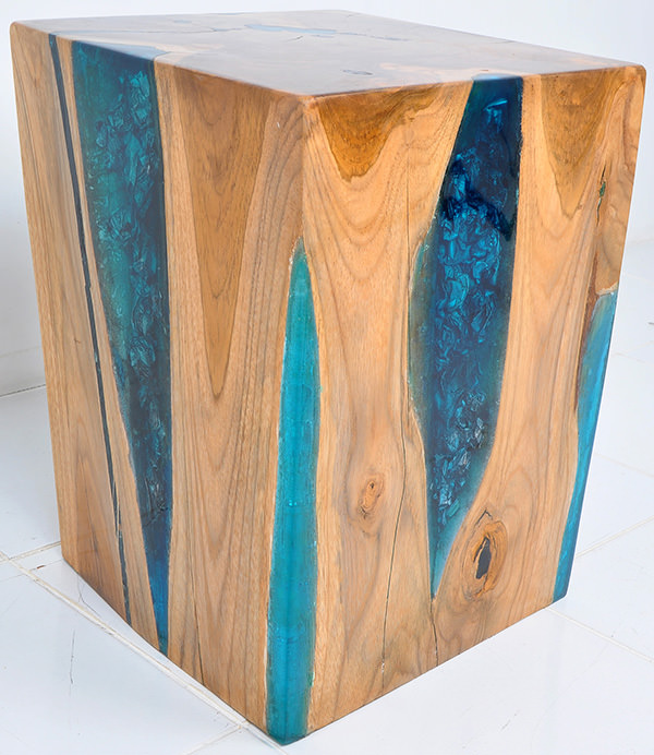 teak and blue resin square stool