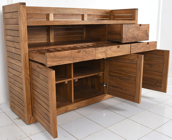 solid teak restaurant service waiter station with doors and cutlery shelf