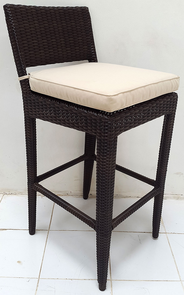 black synthetic rattan bar chair with outdoor seat cushion