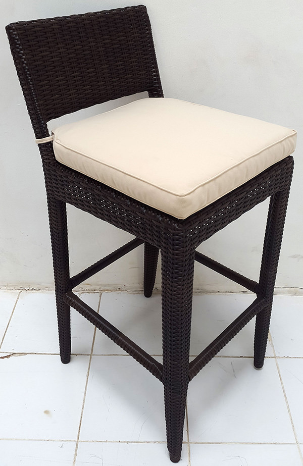 black synthetic rattan bar chair with white outdoor seat cushion