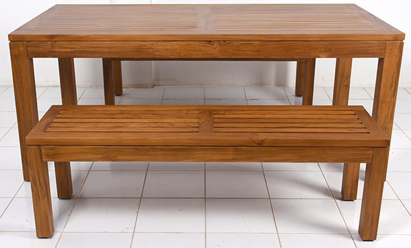 solid teak rectangle outdoor dining table and benches with a Norway design