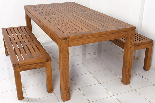 solid teak rectangle outdoor dining table and benches with a Norway Scandinavian design