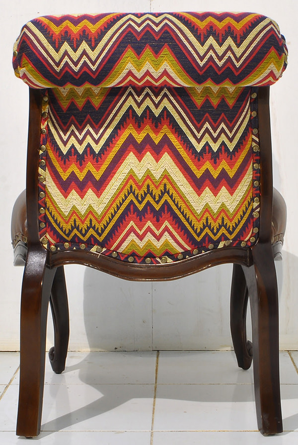 Peruvian fabric and vintage brown leather comfort seat with antique pins