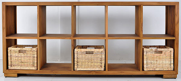 teak book rack with natural rattan baskets