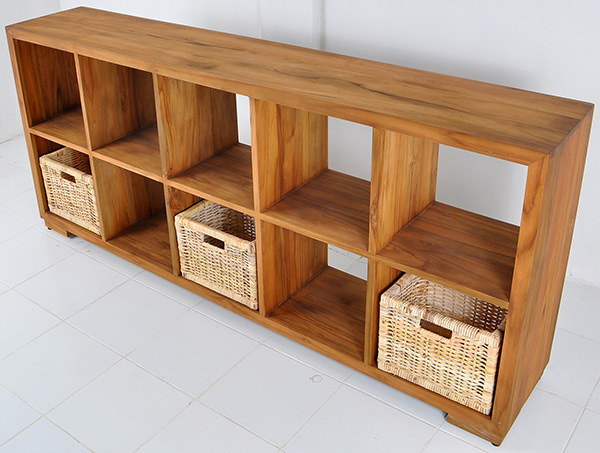 wooden bookrack with rattan baskets