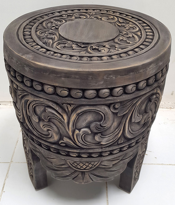 handmade carved teak stool with dark finish
