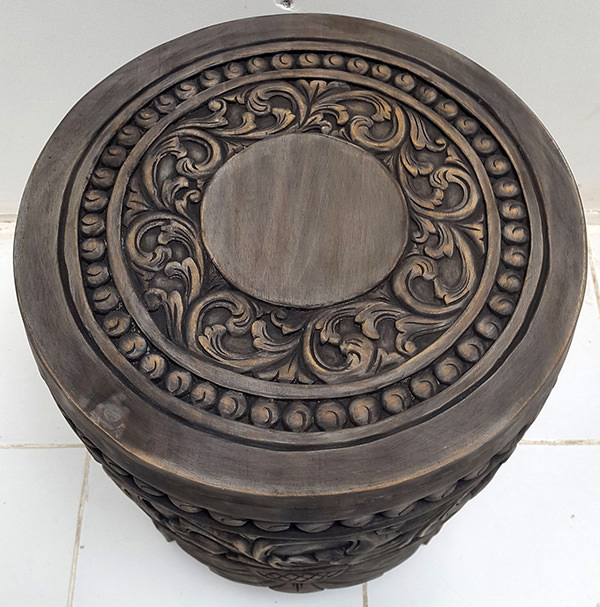 handmade tribal carved teak stool with dark finish