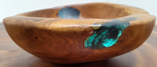 teak and blue resin fruit bowl