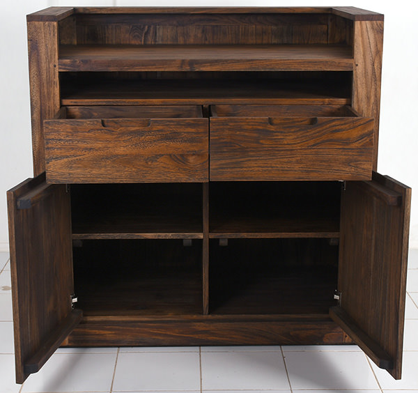 indoor teak reception desk with doors and drawers