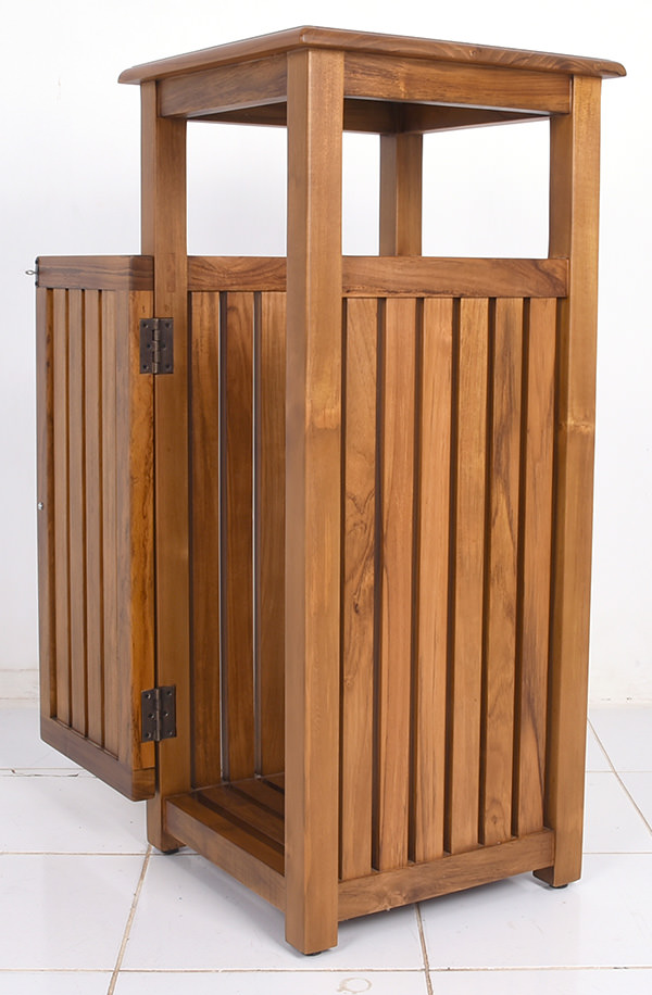 outdoor teak wooden bin box with square shape and brass hinges