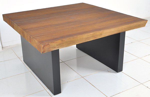 rooftop square coffee table with natural solid teak top and black metal steel legs