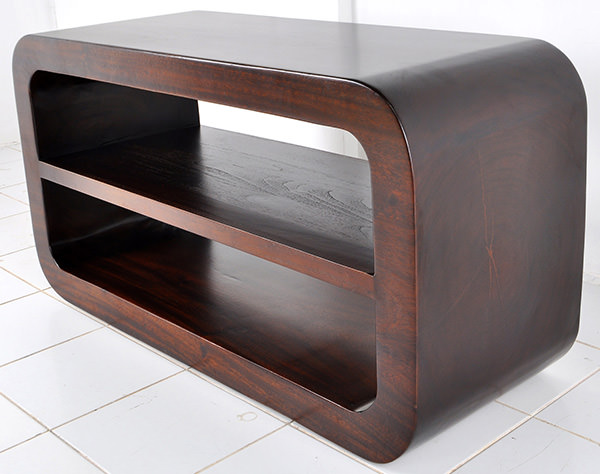 Danish wooden coffee table with brown stain and middle shelf