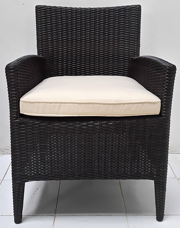 comfortable outdoor synthetic rattan armchair with white outdoor seat