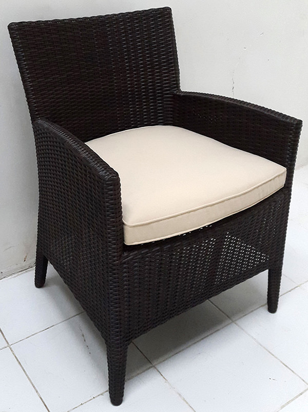 black outdoor synthetic rattan armchair with white outdoor seat