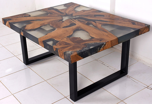 wood and resin furniture with iron legs